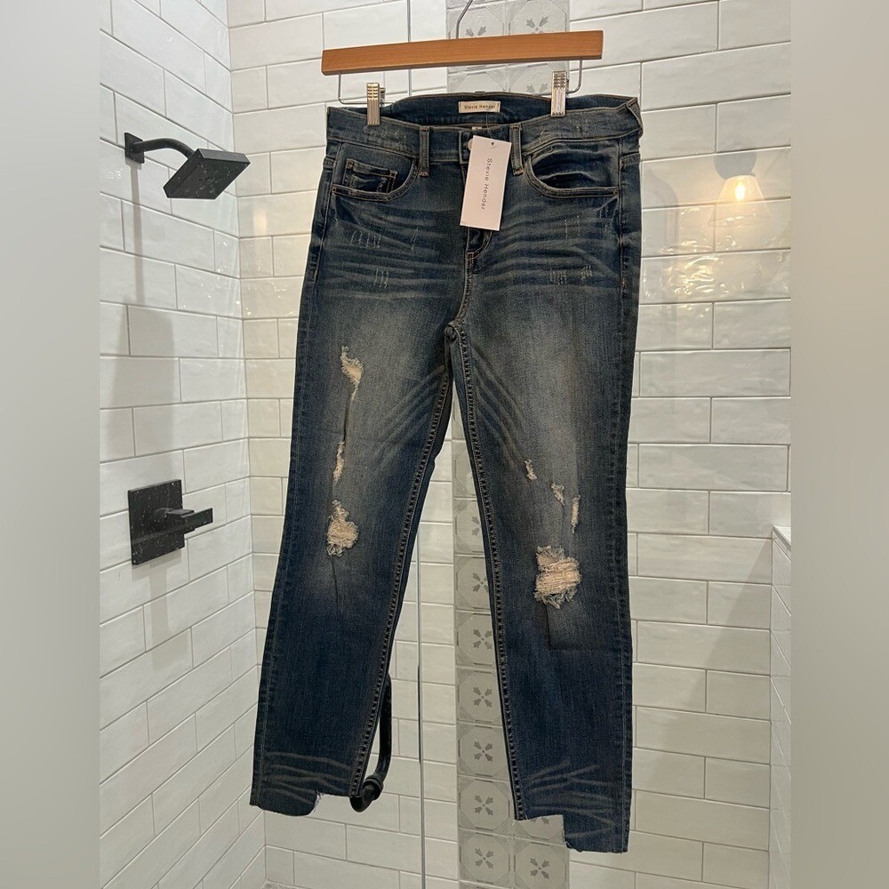 Stevie Hender‎ sexy boyfriend cut distressed blue denim jeans size 9 NWT